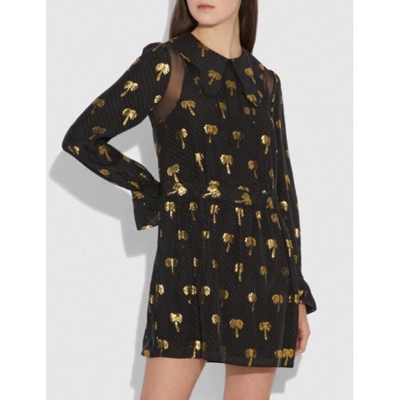 Coach Dress Page Boy Silk Blend Black Palm Tree Long Sleeve Mini NWT - Picture 2 of 12